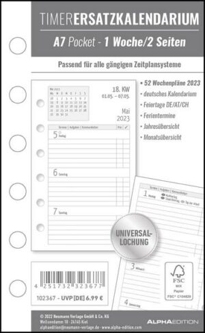 Timer Ersatzkalendarium A7 2023 - Bürokalender - Buchkalender A7 (8x13 cm) - Universallochung - 1 Woche 2 Seiten - 128 Seiten - Alpha Edition