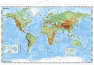 Weltkarte physisch  - Wandkarte mit Metallbeleistung laminiert