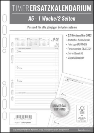 Timer Ersatzkalendarium A5 2023 - Bürokalender - Buchkalender A5 (15x21 cm) - Universallochung - 1 Woche 2 Seiten - 128 Seiten - Alpha Edition